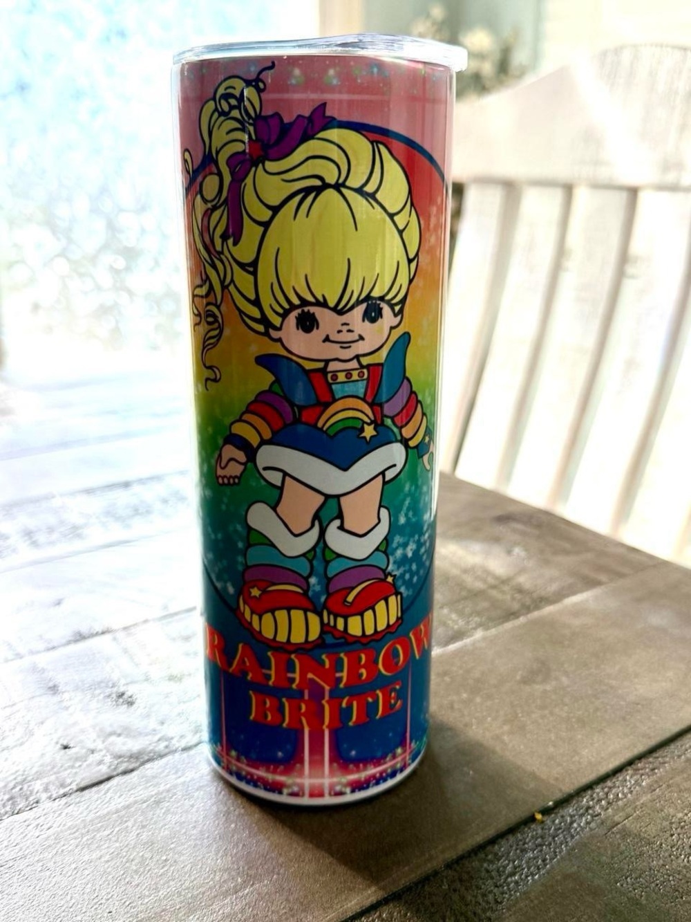 Rainbow brite Tumbler lid with straw handmade